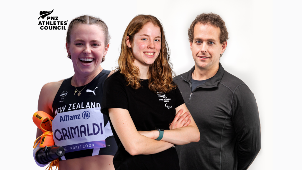 A collage of Paralympians Anna Grimaldi, Danielle Aitchison and Adam Hall in front of a white background. The PNZ Athletes' Council logo sits top left.