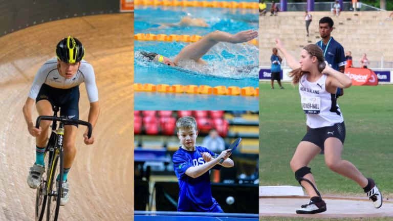 Collage of para athletes recieving the Sky Sport Emerging Talent Grant. Lef to right: Para cyclist Thomas Szabo, Top middle Para swimmer Rylee Sayer, bottom middle Para table tennis player Liam Hogan, right Para athlete Charli Gardiner-Hall