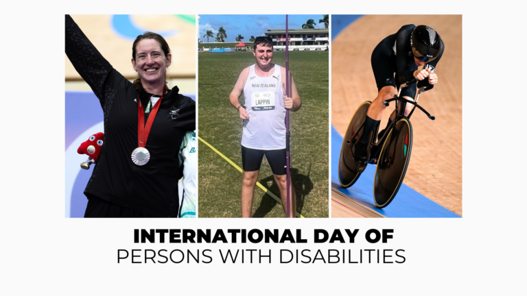 Three image collage of Para athletes with text below reading "International day of persons with disabilites." Left to right is Paralympian Anna Taylor, Para athlete Zack Lappin and Paralympian Sarah Ellington.