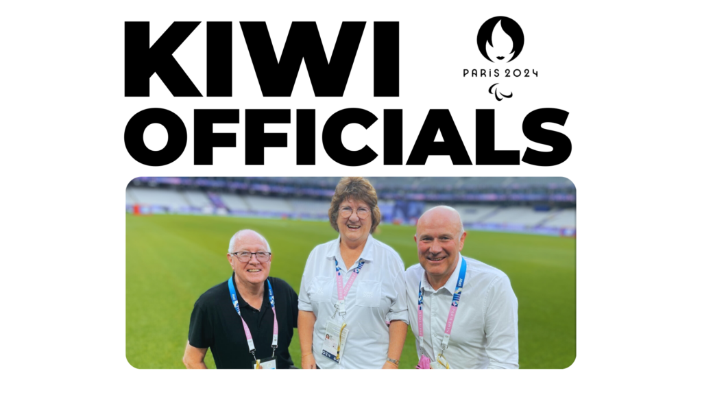 Big bold black text on white background reads "KIWI OFFICIALS" The Paris 2024 Paralympic Games logo sits beside and a photo of three kiwi Para athletics officials sits beneath.