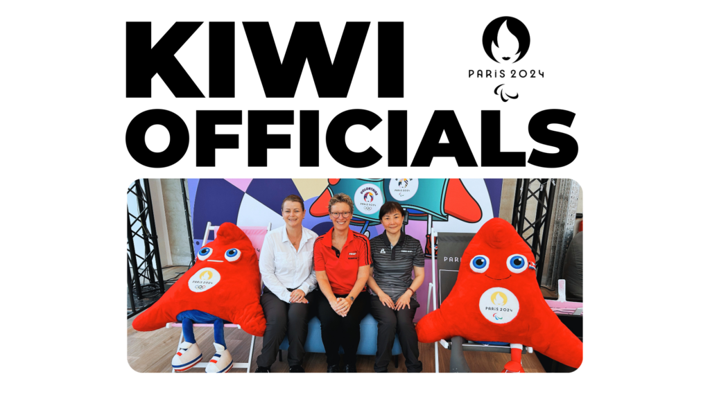 Big bold black text on white background reads "KIWI OFFICIALS" as the Paris 2024 Paralympic Games logo sits beside and a photo of three kiwi Para badminton officials sits beneath.