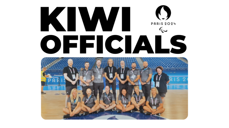 Big bold black text on white background reads "KIWI OFFICIALS" as the Paris 2024 Paralympic Games logo sits beside and a photo of Wheelchair rugby officials sits beneath.