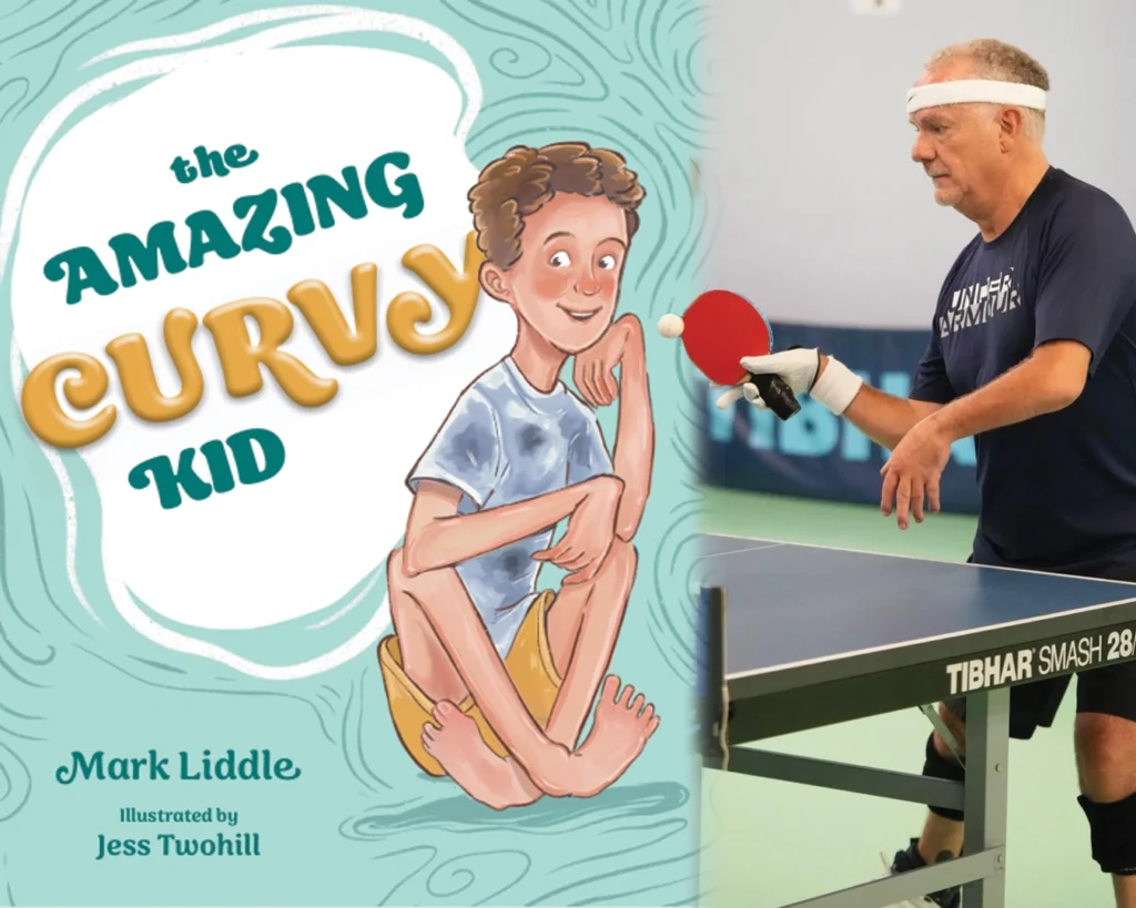 A split image of a childrens book cover on the left and a man, Mark Liddle, playing table tennis on the right. The book is titled "The Amazing Curvy Kid" with a young boy sitting beside.
