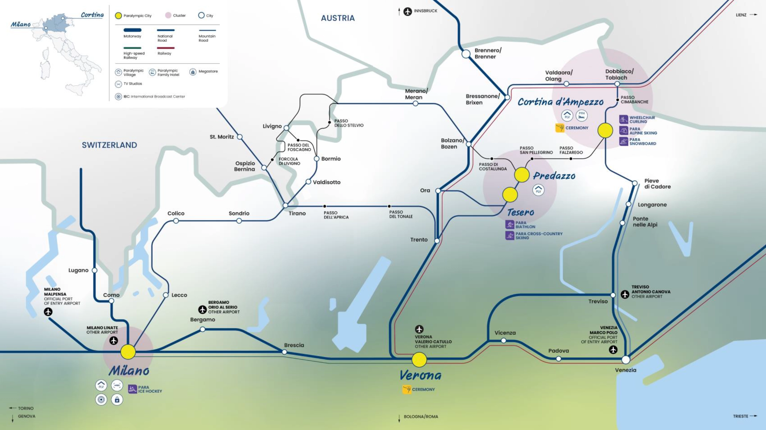 A map of the competition venues at the Milano Cortina 2026 Paralympic Winter Games.