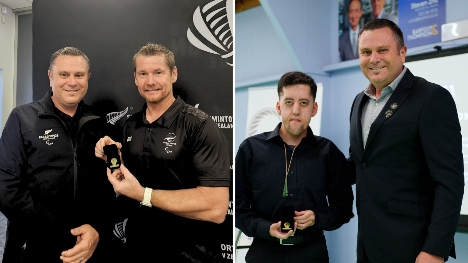 A two image collage of Paralympians receiving official numbered pins. On the left, Paralympian #232 Wojtek Czyz stands with his Pin. On the right Paralympian #230 Matthew Britz stands with his pin.