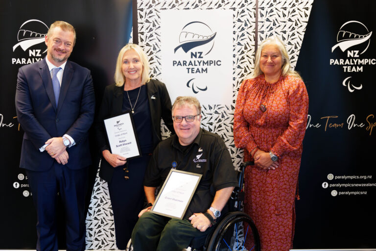 IPC President Andrew Parsons (far left) with PNZ Order of Merit recipients Robyn Scott-Vincent (second from left) and Grant Sharman (third from left). Also pictured is PNZ Chair Jana Rangooni (far right).