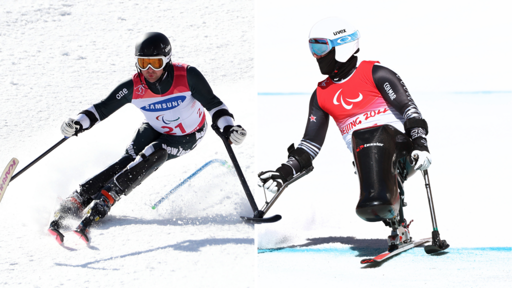 Two Para alpine ski racers ski side by side in a composite image. Adam Hall on the left and Corey Peters on the right.