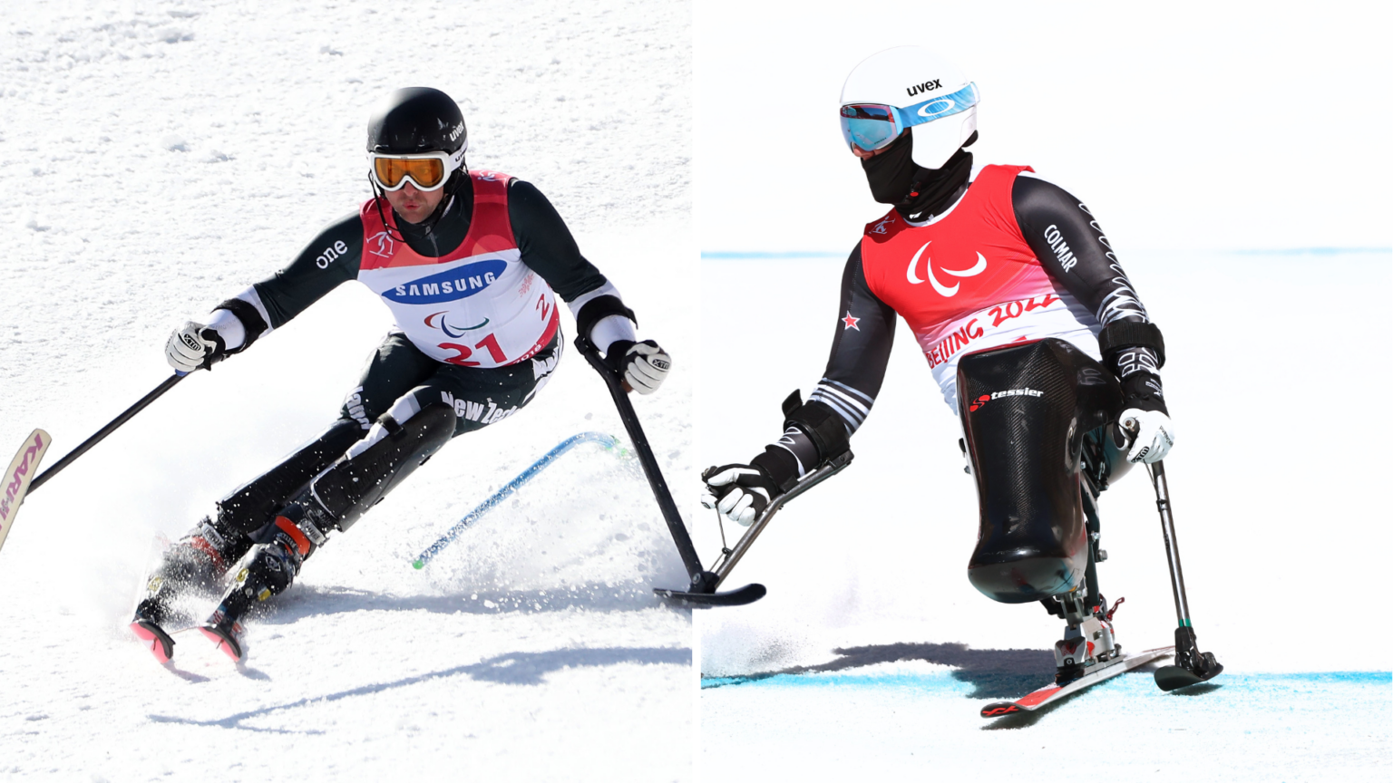Two Para alpine ski racers ski side by side in a composite image. Adam Hall on the left and Corey Peters on the right.