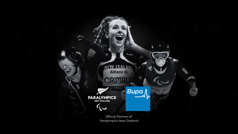 A black and white collage of three paralympians of the NZ Paralympic Team on a black background featuring Nicole Murray on the left, Anna Grimaldi centre and Adam Hall on the right. Paralympics New Zealand logo and Bupa logo sit bottom centre.