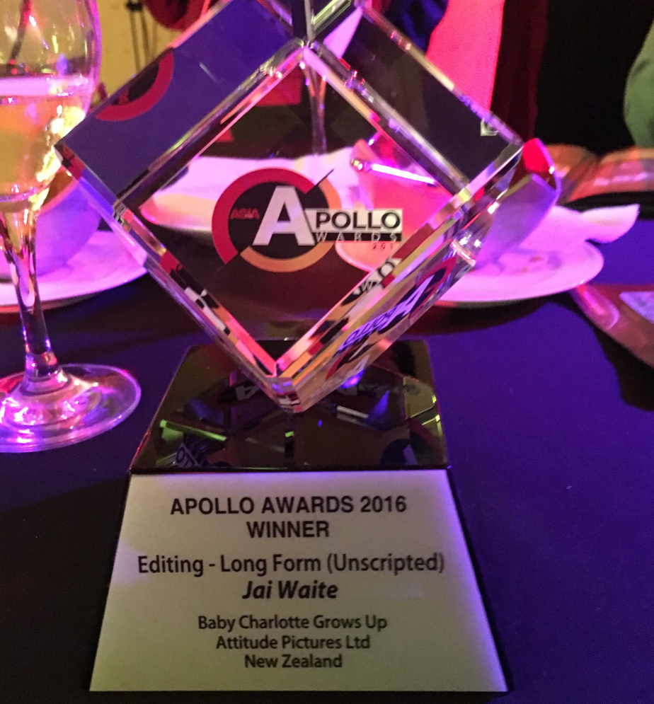 A photo of an Apollo award attributed to Jai Waite for editing.