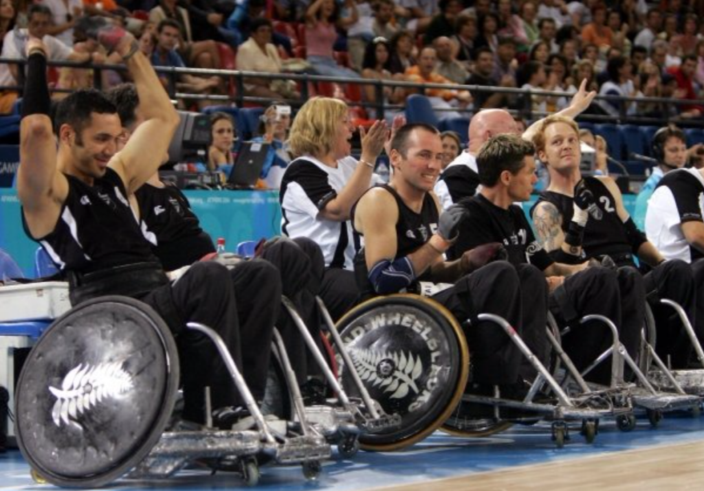 Jai Waite engages in a haka before a Wheelchair rugby game at the Athens 2004 Paralympic Games.