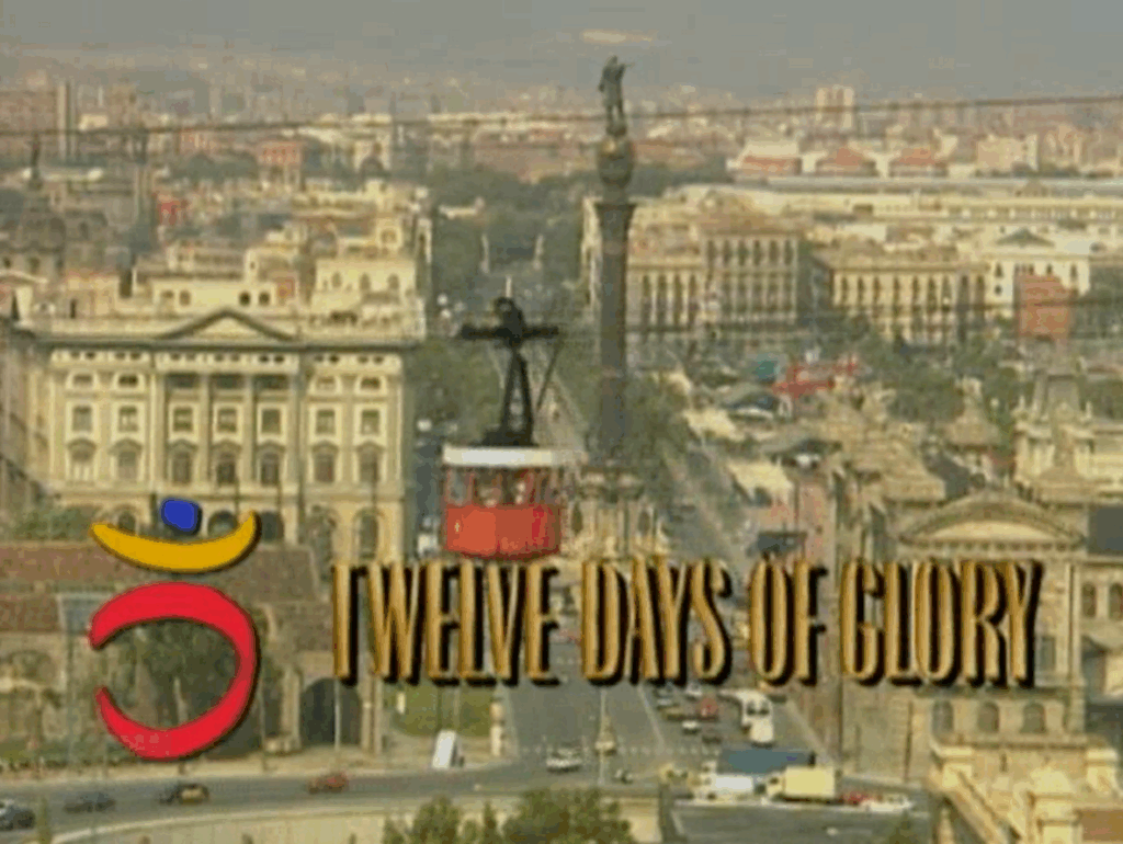 Title frame from the documentary "Twelve Days of Glory" showing the Barcelona skyline.