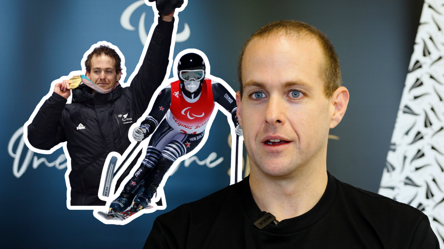 A photo of Adam Hall with two overlaid images of him skiing and celebrating a medal sit beside.