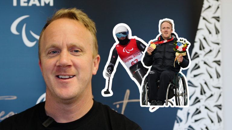 Corey Peters smiles as an overlaid image of himself skiing and another image holding a gold medal sit beside.