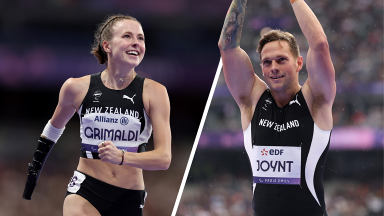 Split image of Anna Grimaldi and Mitch Joynt at the Paris 2024 Paralympic Games.