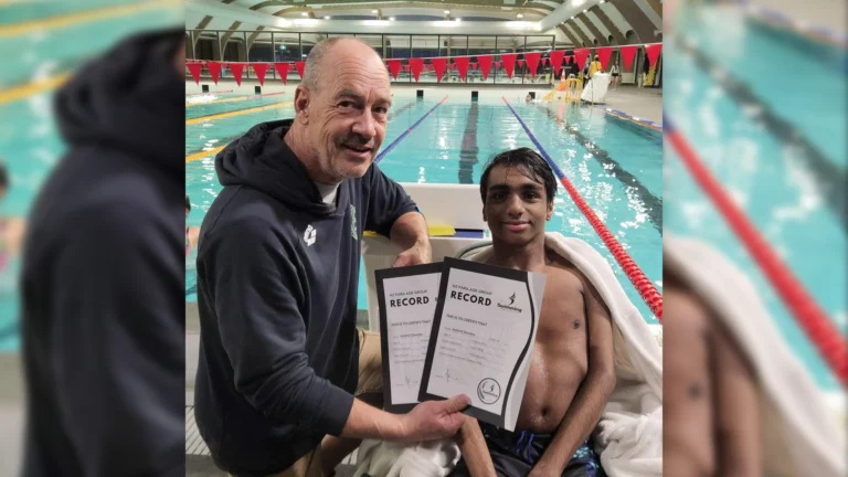 Henk holds two NZ Para swimming age group records next to Para swimmer Ashmit Danney.