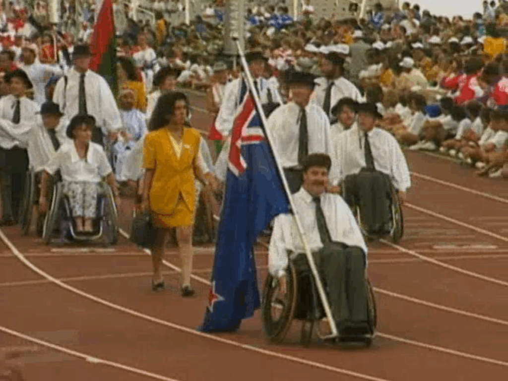 The NZ Paralympic Team appear in the opening ceremony of the Barcelona 1992 Paralympic Games.