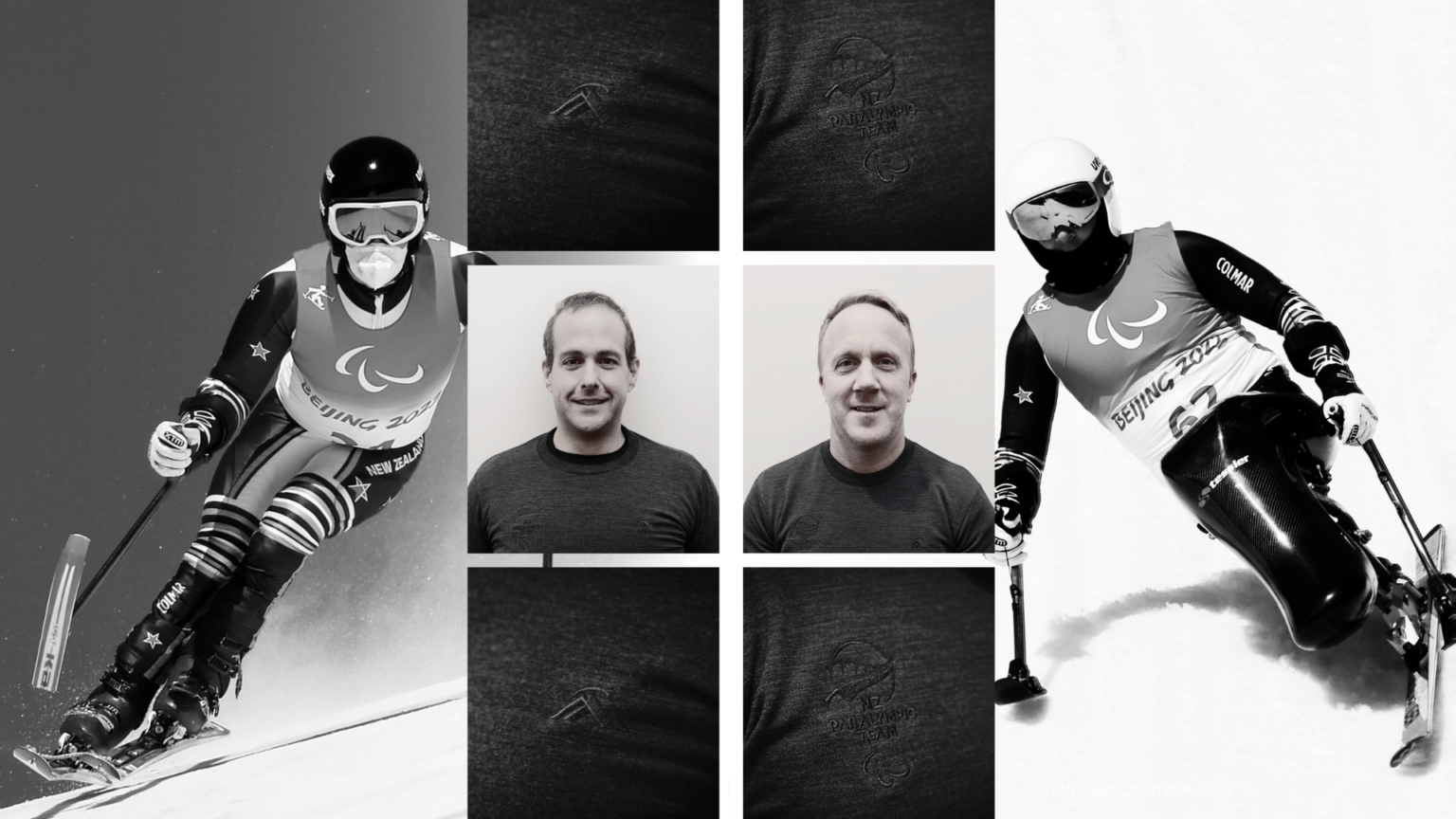 A collage of images of Adam Hall and Corey Peters skiing on snowy mountains, with headshots of the two front and centre. Close up images of NZ Paralympic Team and Macpac logos stitched onto sweatshirts appear alongside.