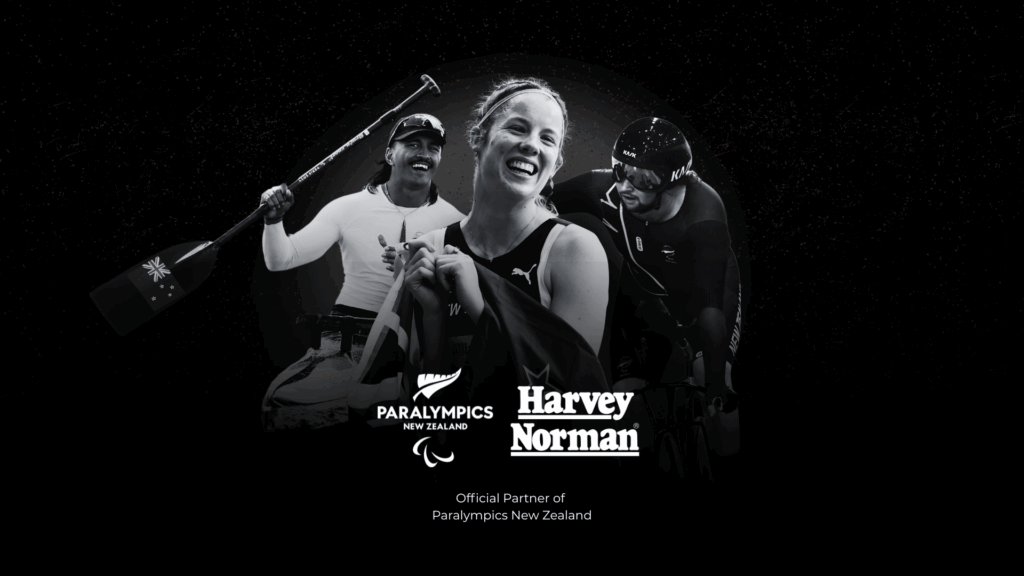 Three NZ Paralympians in black-and-white, Peter Cowan, Danielle Aitchison and Devon Briggs. Below sit Paralympics New Zealand and Harvey Norman logos. Text reads Official Partner of Paralympics New Zealand.