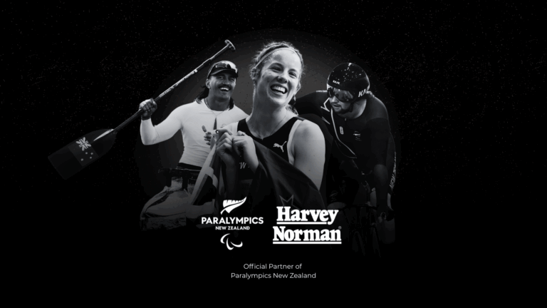 Three NZ Paralympians in black-and-white, Peter Cowan, Danielle Aitchison and Devon Briggs. Below sit Paralympics New Zealand and Harvey Norman logos. Text reads Official Partner of Paralympics New Zealand.