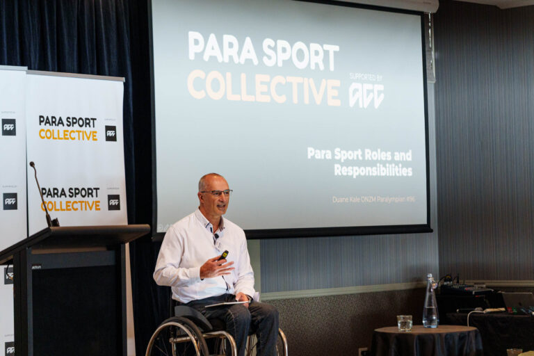 Paralympian #96 Duane Kale speaks at the Para Sport Collective Hui hosted by Paralympics New Zealand on 25 August 2025.
