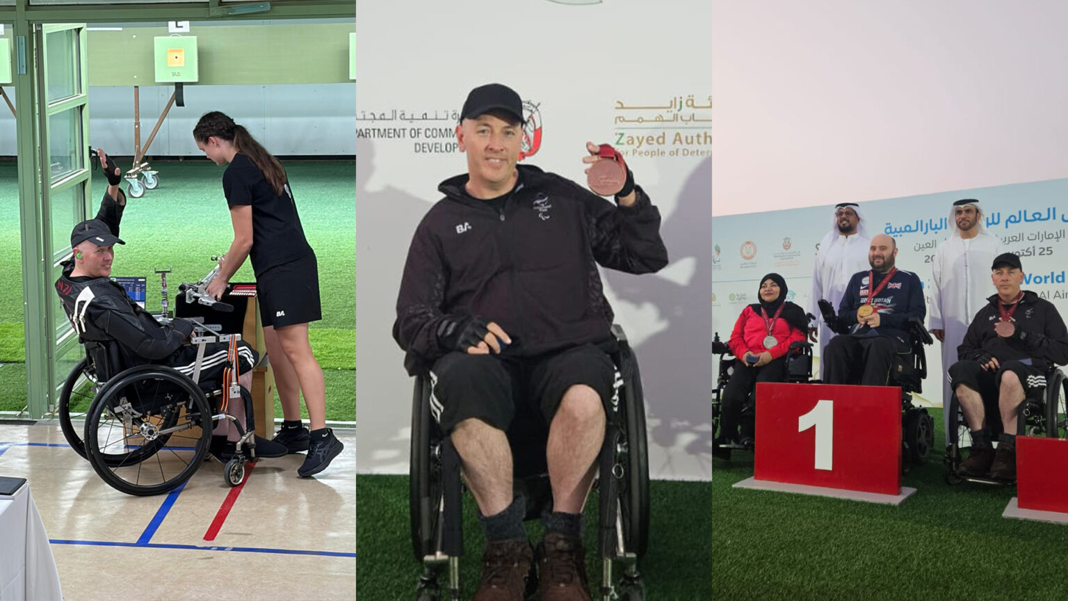 Three images of Michael Johnson showing his celebration at the range, him holding his bronze medal and him on the podium with two other athletes.