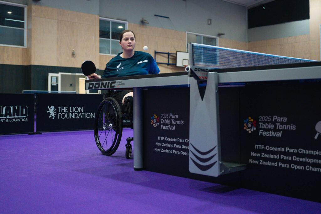 A low angle shot of Sarah Clarke training during the 2025 Para Table Tennis Festival.