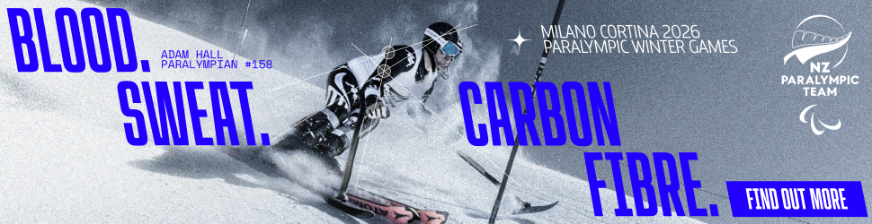 Adam Hall skis down a mountain. Text reads "Blood. Sweat. Carbon fibre." Button reads "Find out more."