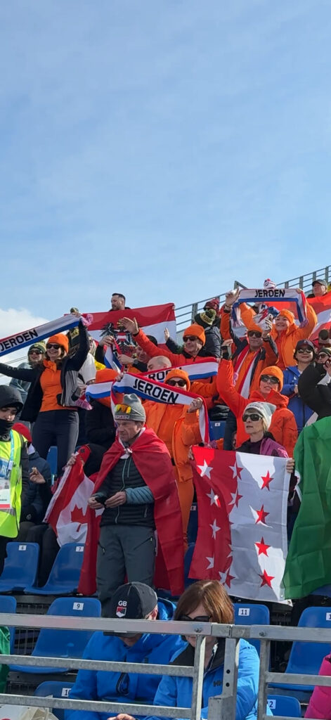 supporters in the crowd holding flags