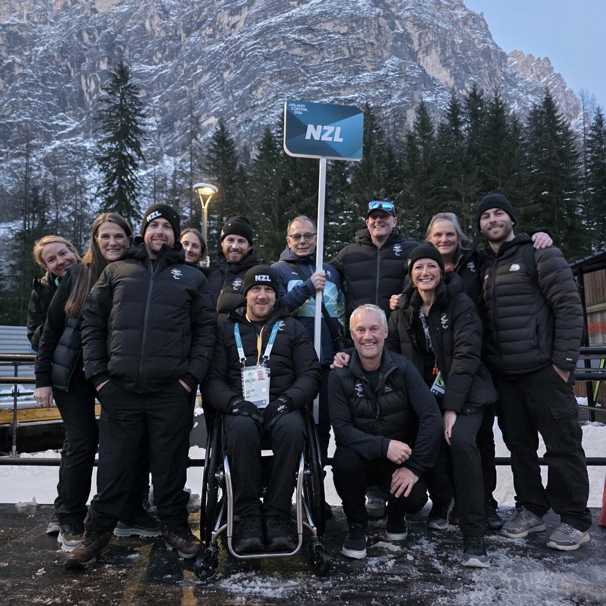 Helene stands with the NZ Paralympic Team ahead of the closing ceremony of the Milano Cortina 2026 Paralympics.