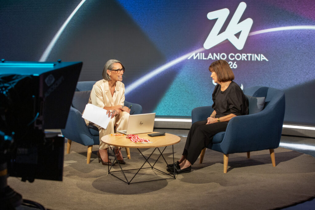 Jenny-May Clarkson sits in a TV studio with Viv Gapes.
