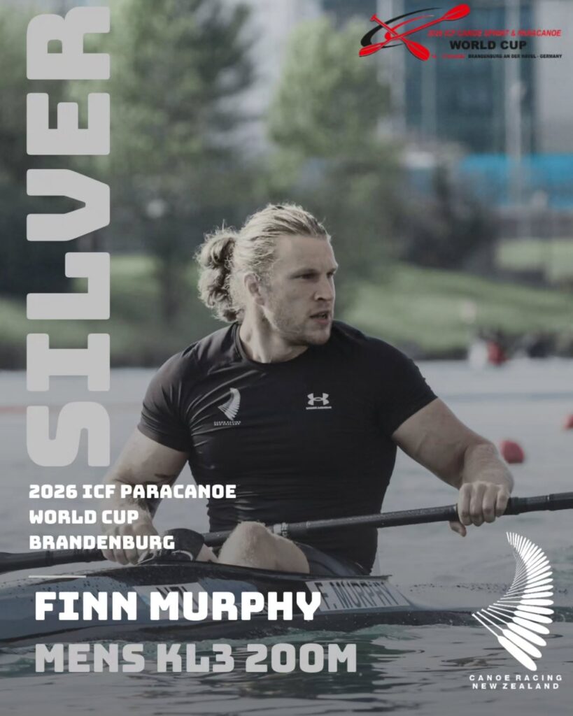 A result graphic showing Finn Murphy in a canoe, with text reading "Silver, Mens KL3 200M."