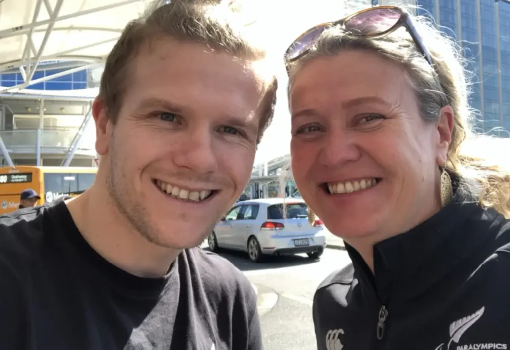 Fiona Allan and Cameron Leslie take a photo together.