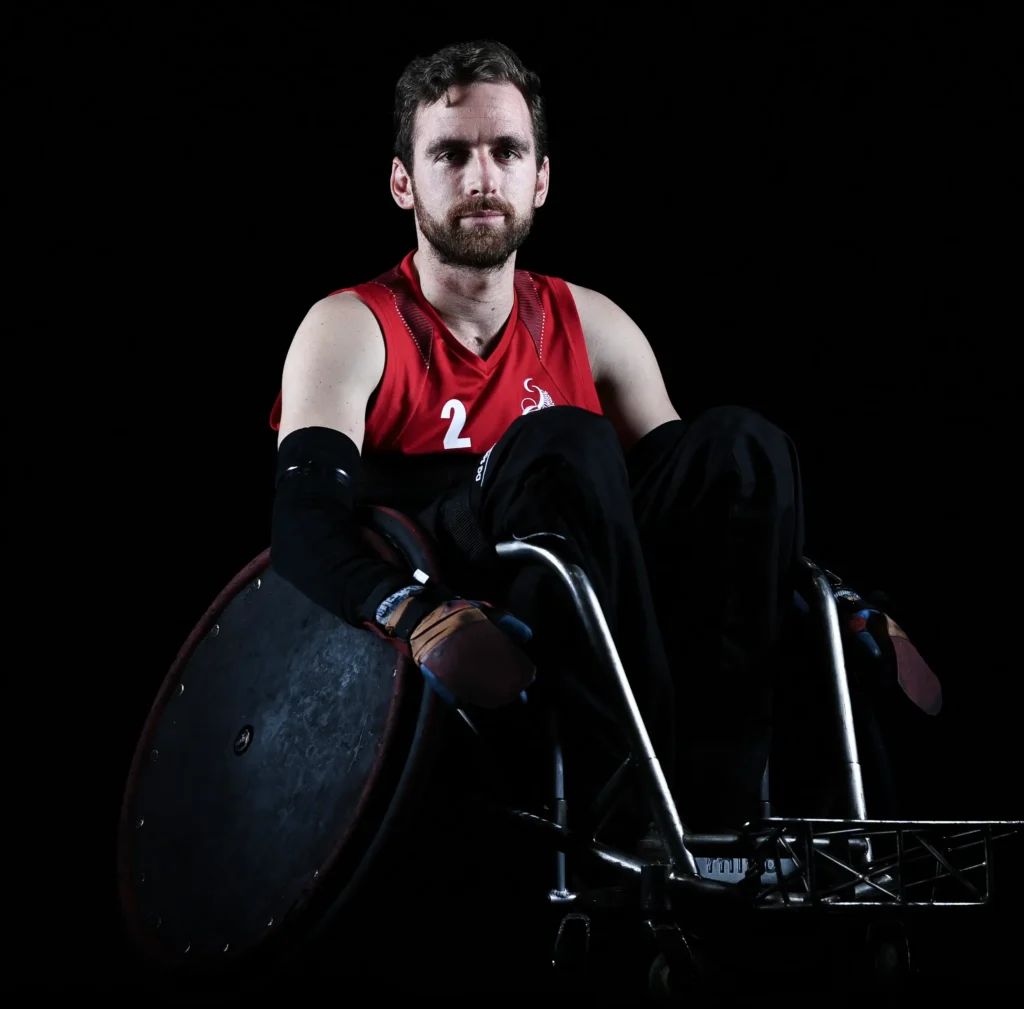 A photo of Gareth Lynch in a wheelchair rugby chair.