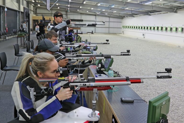 Liz Langdon aims her rifle during a Shooting Para Sport competition.