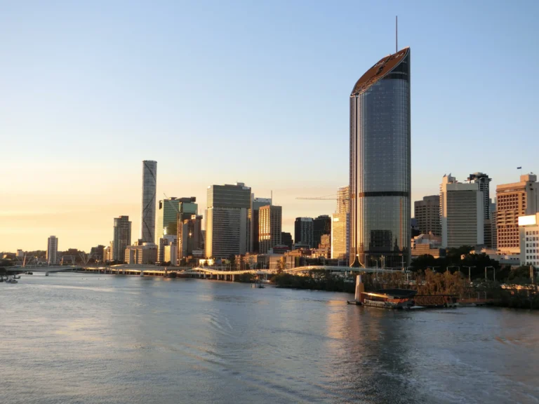 A photo of the Brisbane skyline at sunset.