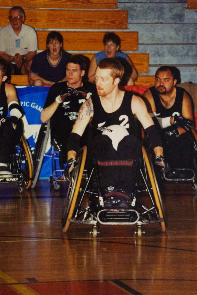 Curtis Palmer moves with the ball during a game of Wheelchair Rugby at Atlanta 1996.