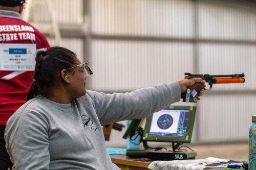Neelam O'Neill is ready to shoot her pistol at the BISC Cup event in Brisbane.