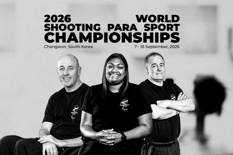 Designed tile for the 2026 World Shooting Para Sport World Championships featuring with images of Michael Johnson (left), Neelam O'Neill (Centre) and Greg Reid (Right).