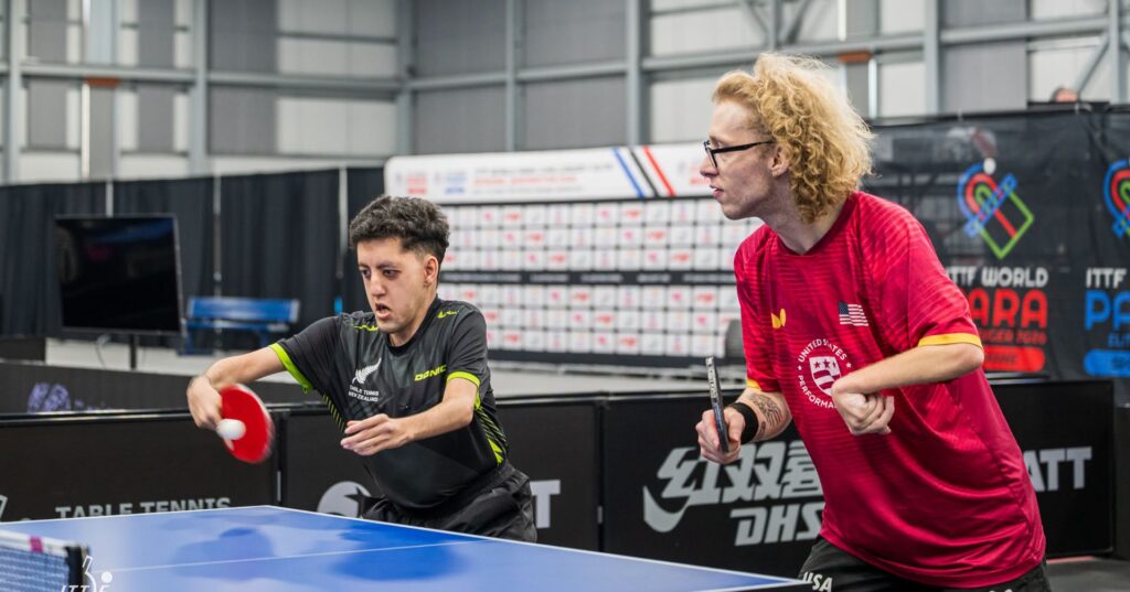 Matt Britz in doubles action at the ITTF World Para Challenger event in Spokane.